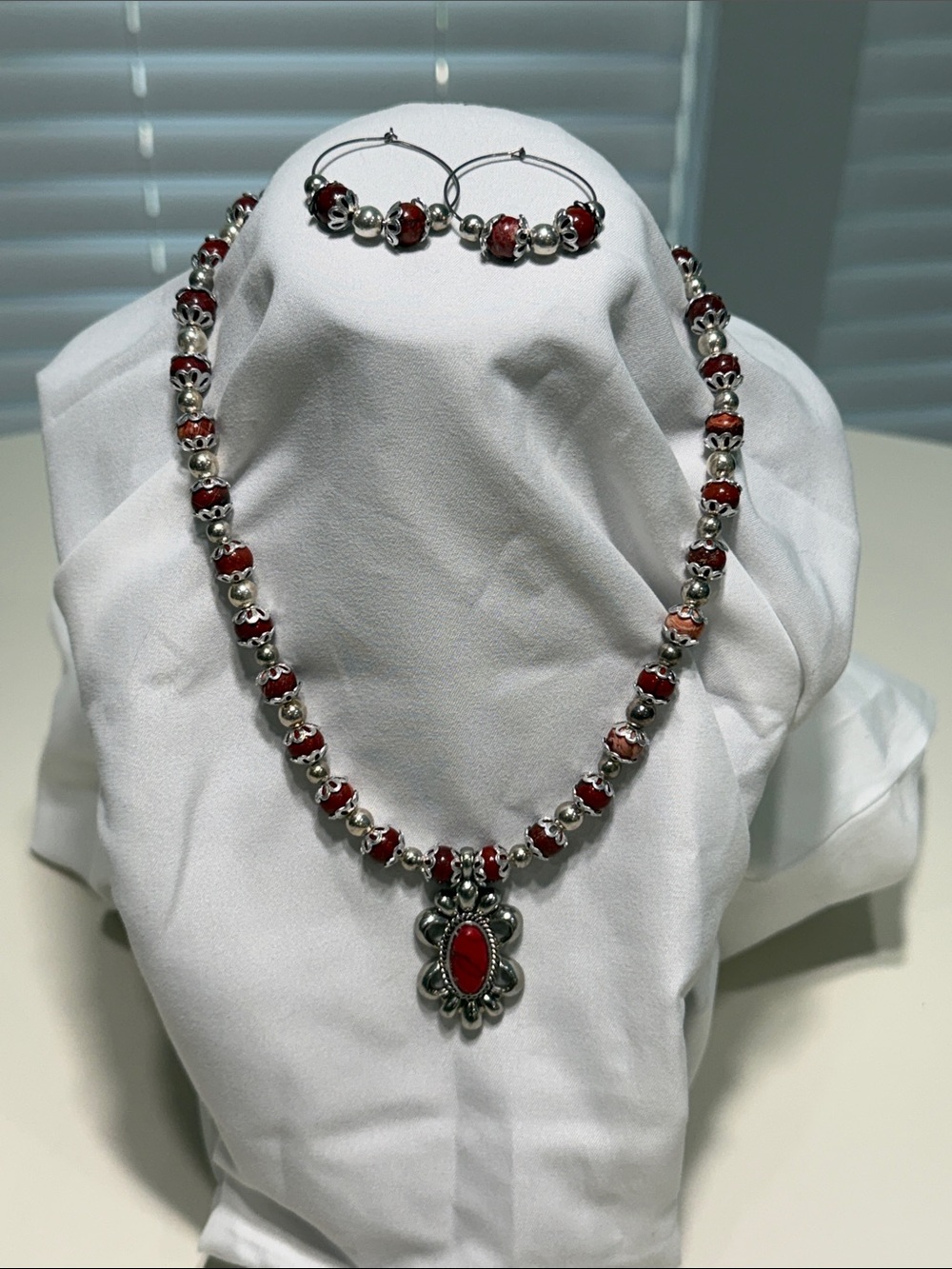Red Beaded Pendant Necklace & Hoop Earrings Set - Women's Jewelry